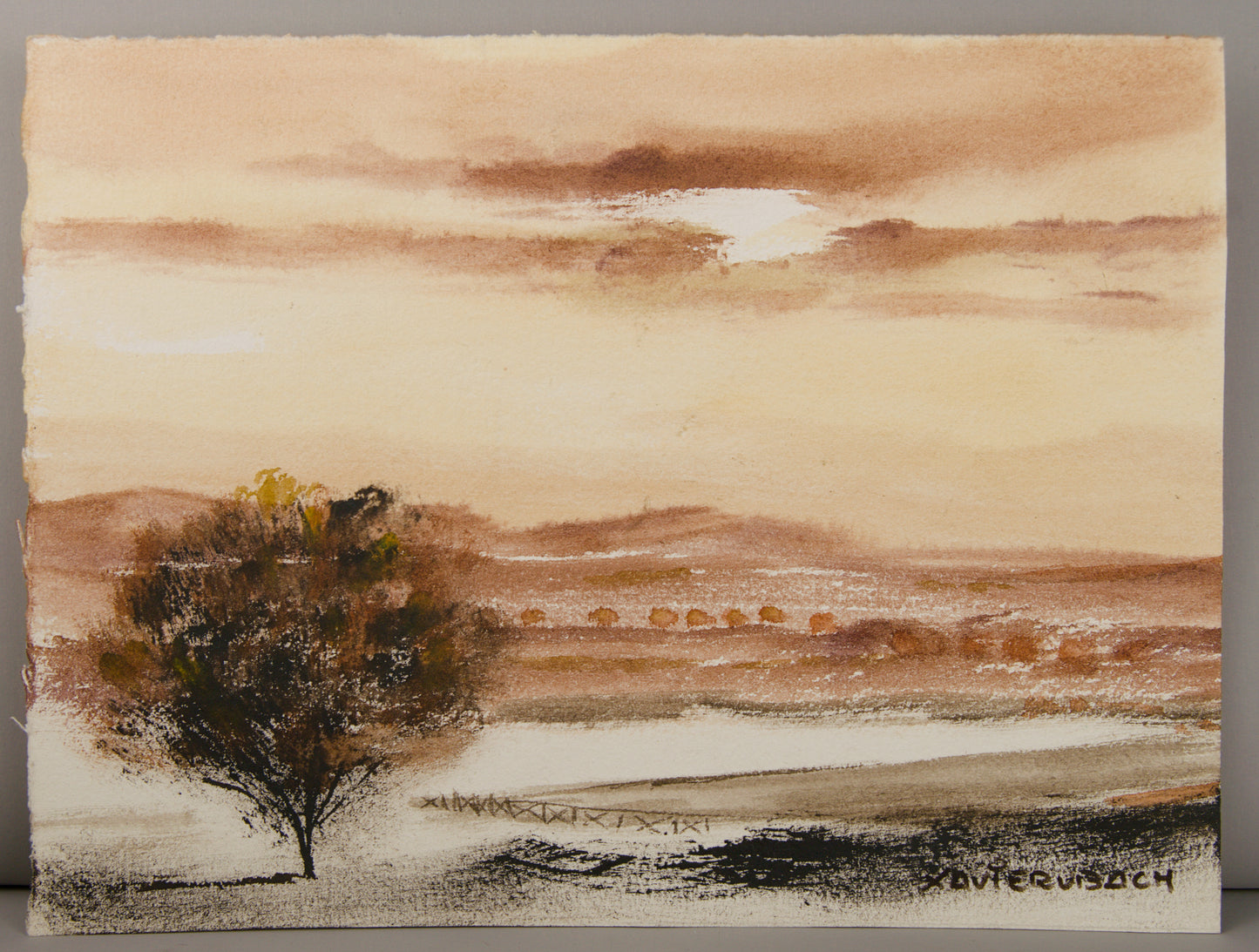 XAVIER UBACH | PAISAJE ATMOSFÉRICO CON ÁRBOL | SÍNTESIS TONAL | ACUARELA ORIGINAL SOBRE PAPEL