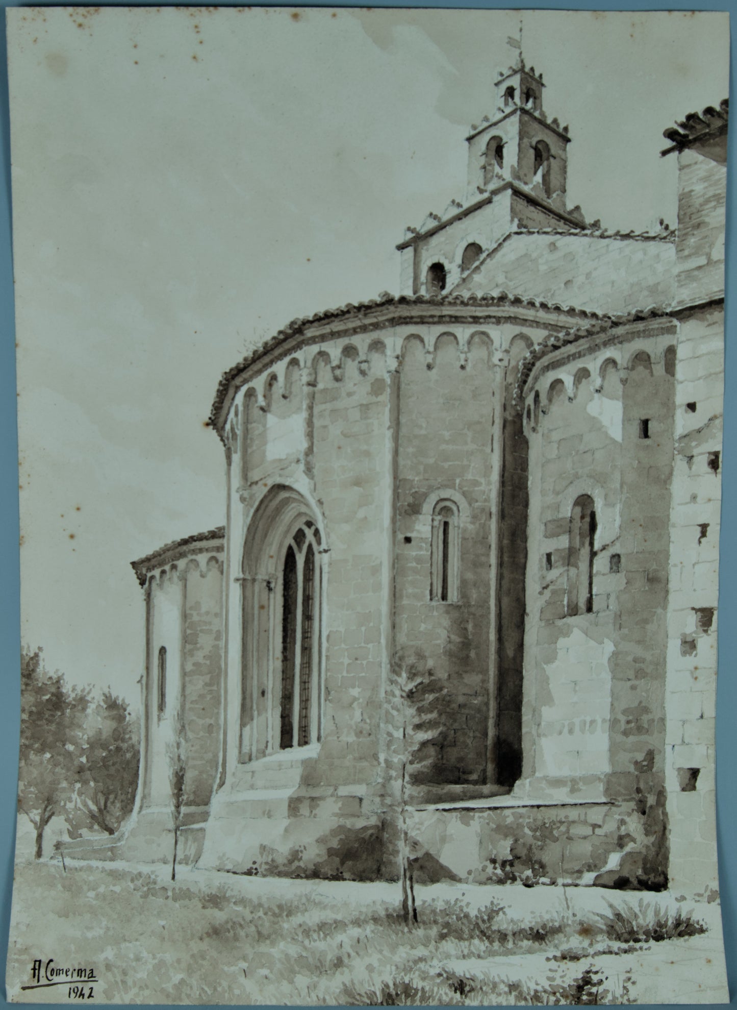 Antonio Comerma | Monumentalidad Románica (1942) | Dibujo Original a la Aguada Sepia