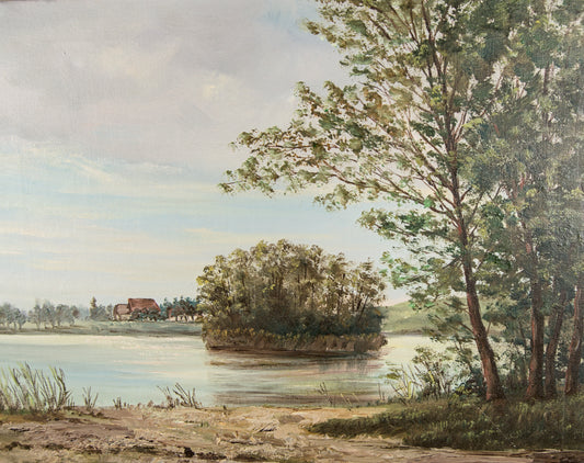 R. Baumer | Paisaje Lacustre con Casa Rural | Óleo sobre Lienzo