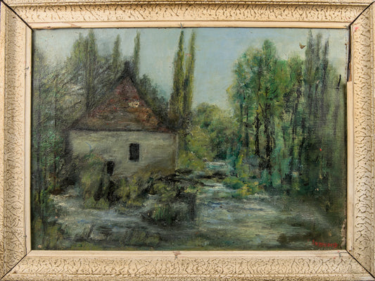 Firma Ilegible | Paisaje Fluvial con Molino | Óleo sobre lienzo | Escuela Catalana S. XIX | IMPRESONISMO