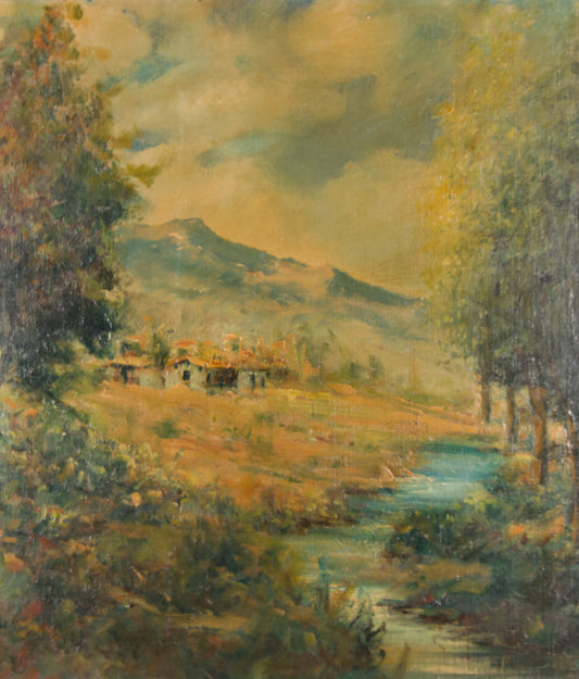 M. Sauret | Paisaje Fluvial con Caserío y Montañas (S. XIX) | Óleo Original