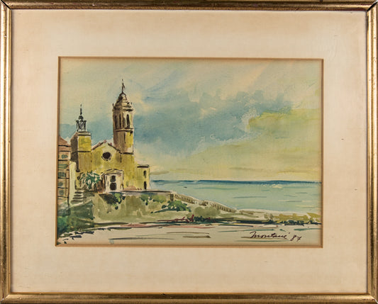 Atribuido a Lluís Muntané | Iglesia de Sitges (La Punta) | Acuarela sobre Papel | 1987