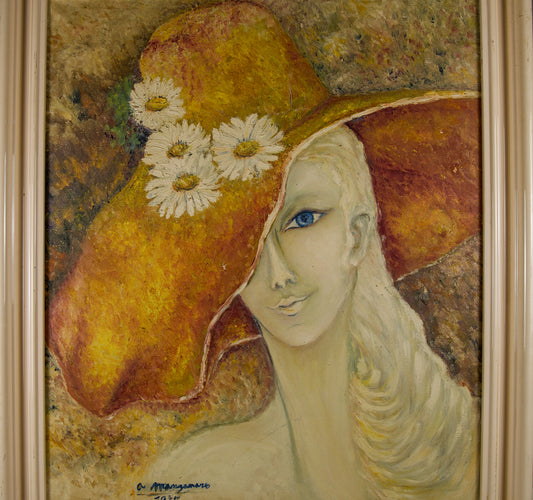 Ángeles Manzanaro | Retrato femenino con sombrero | Óleo sobre lienzo | 1987