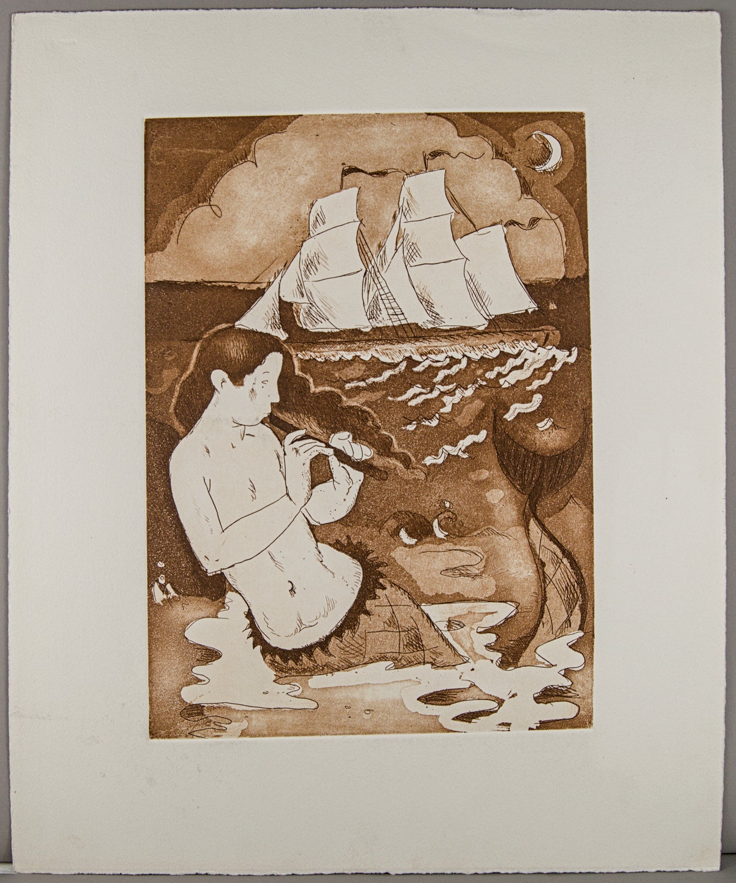 J. CARBONELL | LA SIRENA Y EL VELERO (MITOLOGÍA) | PRUEBA DE ESTADO | AGUAFUERTE EN SEPIA