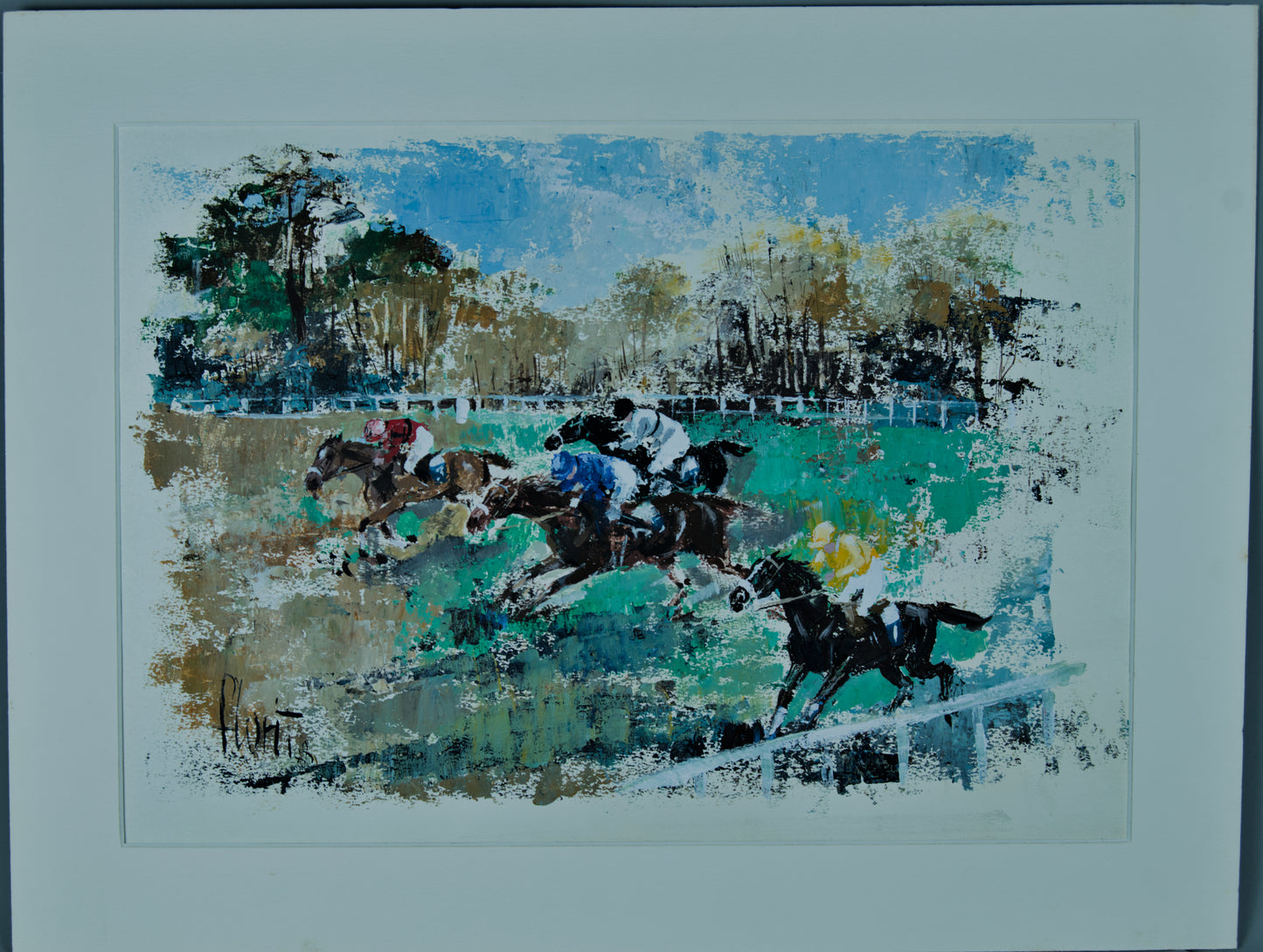 JOSEP LLUÍS FLORIT RODERO | RASENSZENE / PFERDERENNEN | KATALANISCHER POSTIMPRESSIONISMUS | ÖL AUF PAPIER