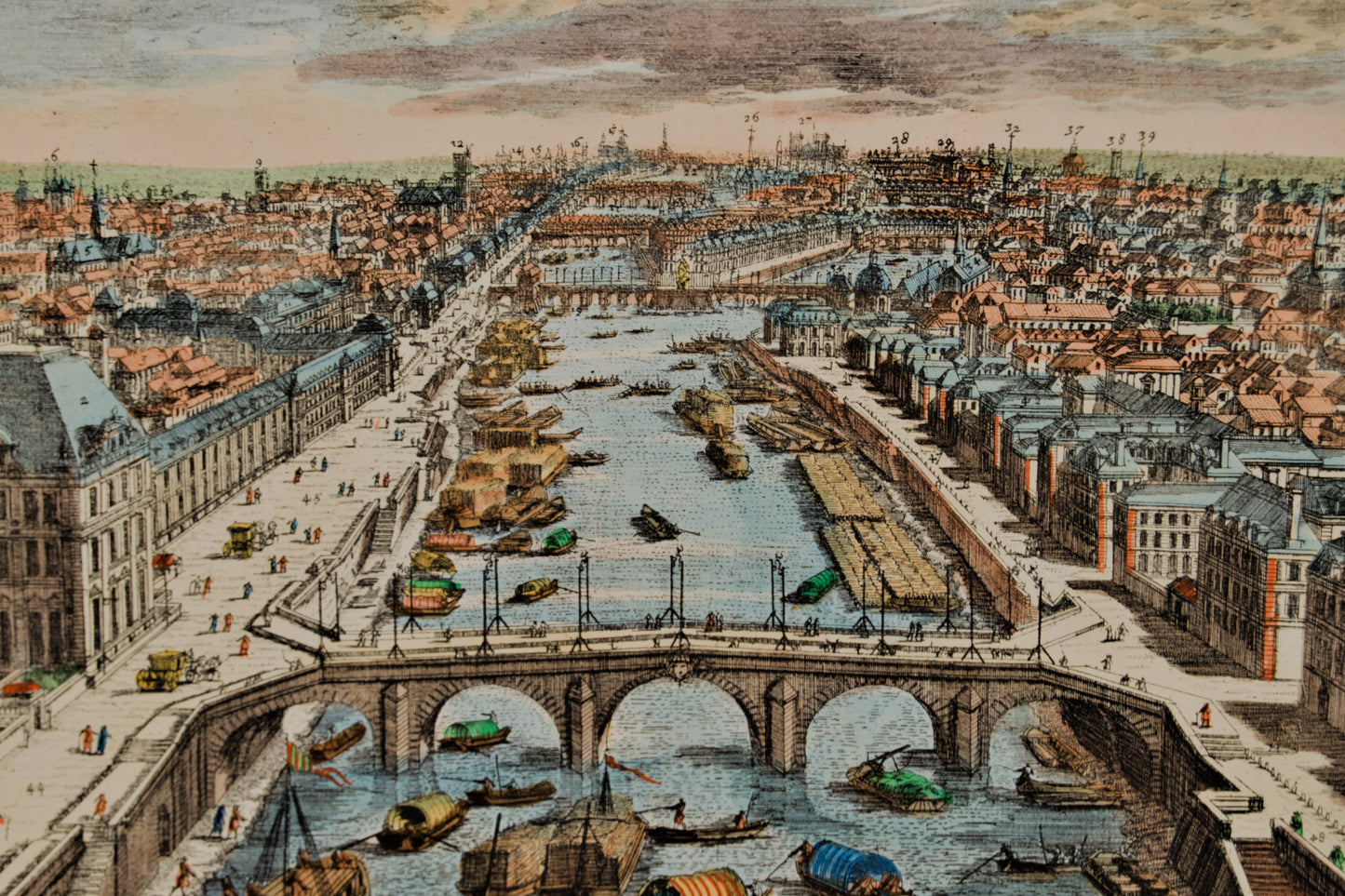 FRANÇOIS ANTOINE AVELINE | VISTA ÓPTICA DE PARÍS DESDE EL PONT ROYAL | GRABADO ORIGINAL S. XVIII | COLOREADO DE ÉPOCA