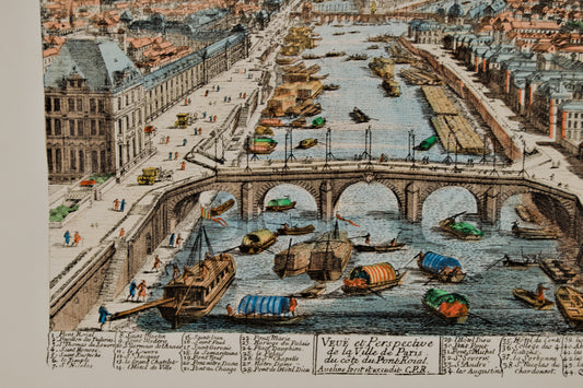 FRANÇOIS ANTOINE AVELINE | VISTA ÓPTICA DE PARÍS DESDE EL PONT ROYAL | GRABADO ORIGINAL S. XVIII | COLOREADO DE ÉPOCA