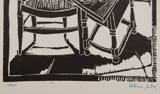 ANTONIO SANTOS | MESA Y SILLA (14/20) | LINOGRABADO ORIGINAL | GRÁFICA CONTEMPORÁNEA