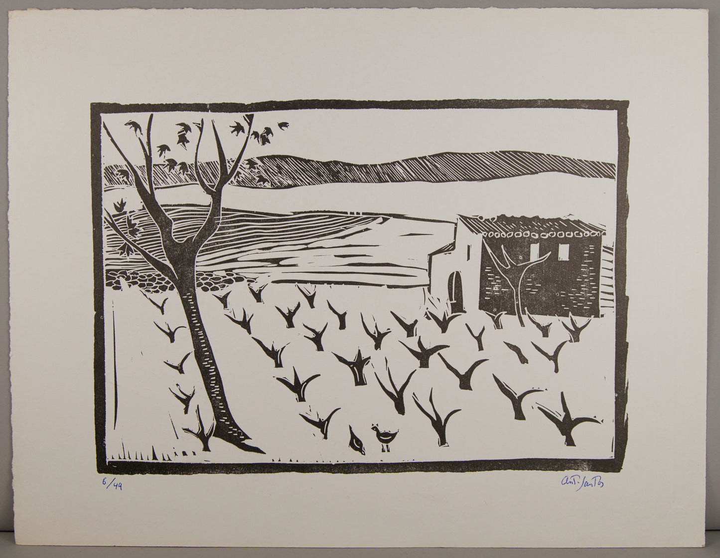 ANTONIO SANTOS | PAISAJE CON VIÑEDO Y MASÍA (6/49) | LINOGRABADO ORIGINAL | GRÁFICA CONTEMPORÁNEA