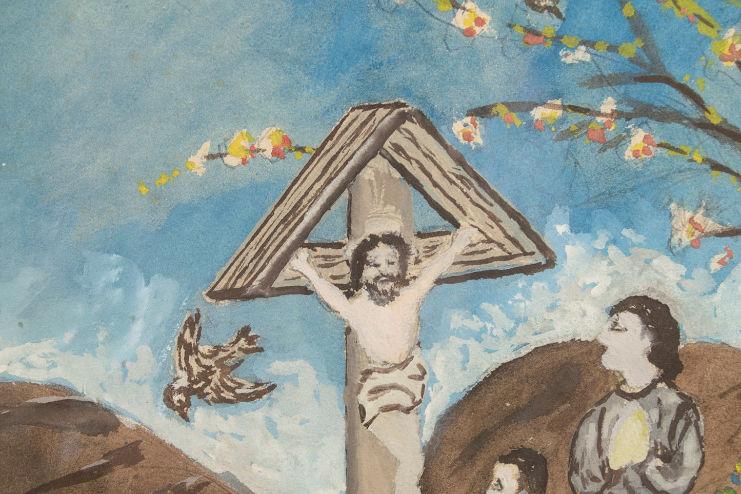 Firma a Interpretar | Paisaje Naíf con Castillo y Calvario | Gouache | 1950