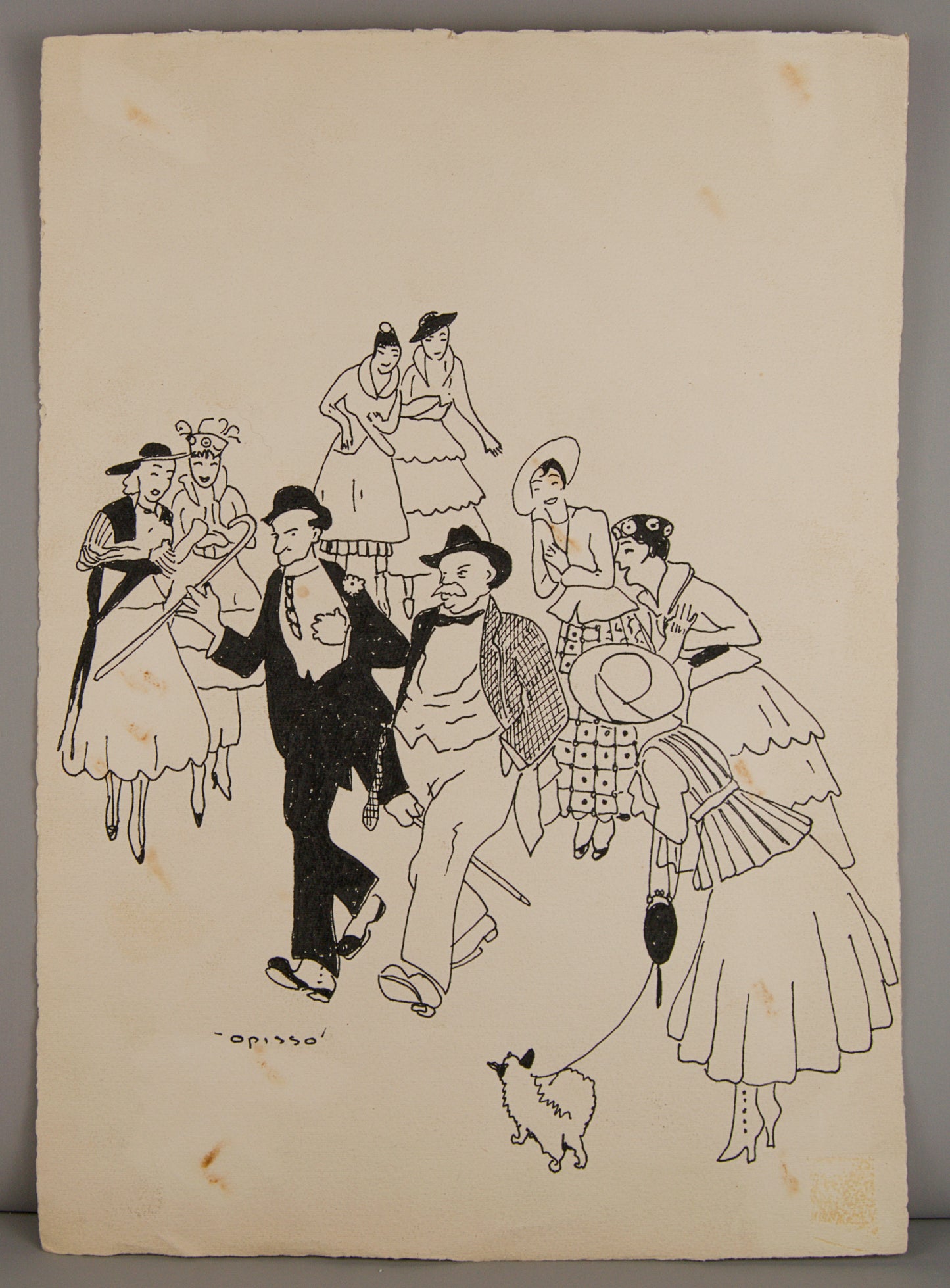 RICARD OPISSO | SEÑORES Y SEÑORAS PASEANDO (LA BELLE ÉPOQUE) | DIBUJO ORIGINAL A TINTA | COSTUMBRISMO CATALÁN