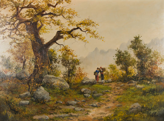 Francesc Vidaller | Paisaje Otoñal con Campesinos (1925) | Óleo Original Centenario