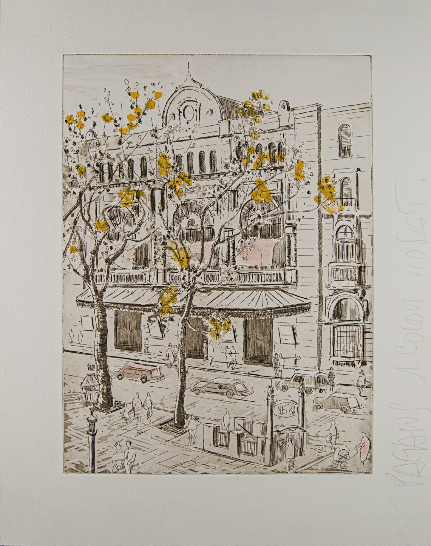 JORDI PAGANS MONTSALVATGE | BARCELONA, LA RAMBLA (1 COLOR ROSAT) | CRONISTA DEL VIBRANTISMO | AGUAFUERTE ILUMINADO A MANO