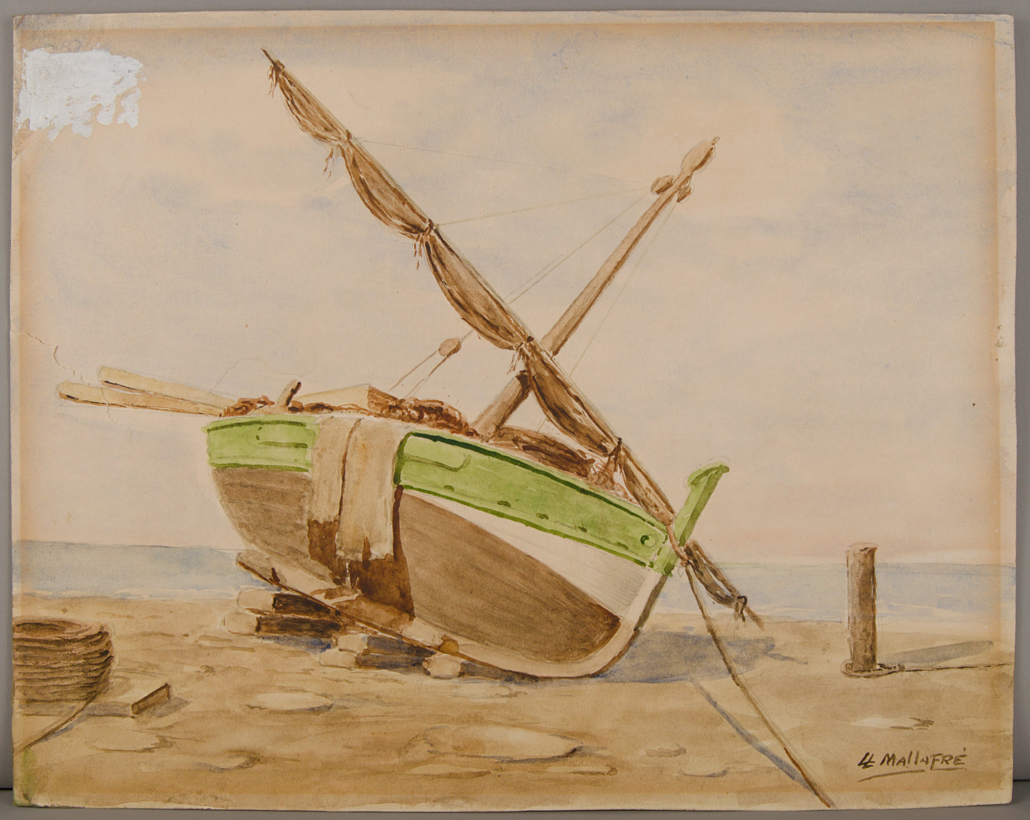 LLUÍS MALLAFRÉ GUASCH | BARCO VARADO EN LA ARENA | ESCUELA DE VILANOVA | ACUARELA SOBRE PAPEL