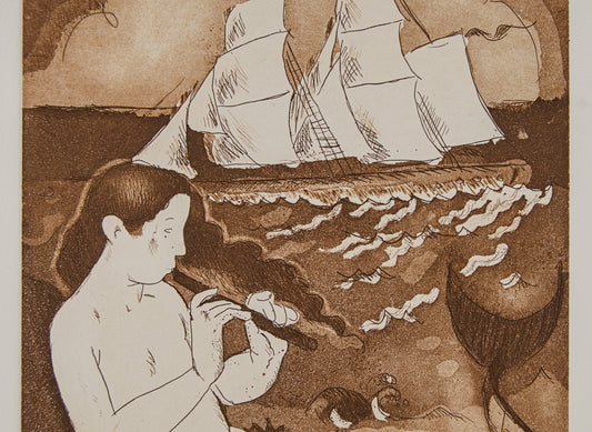 J. CARBONELL | LA SIRENA Y EL VELERO (MITOLOGÍA MARÍTIMA) | PRUEBA DE AUTOR (P.A.) | AGUAFUERTE EN SEPIA
