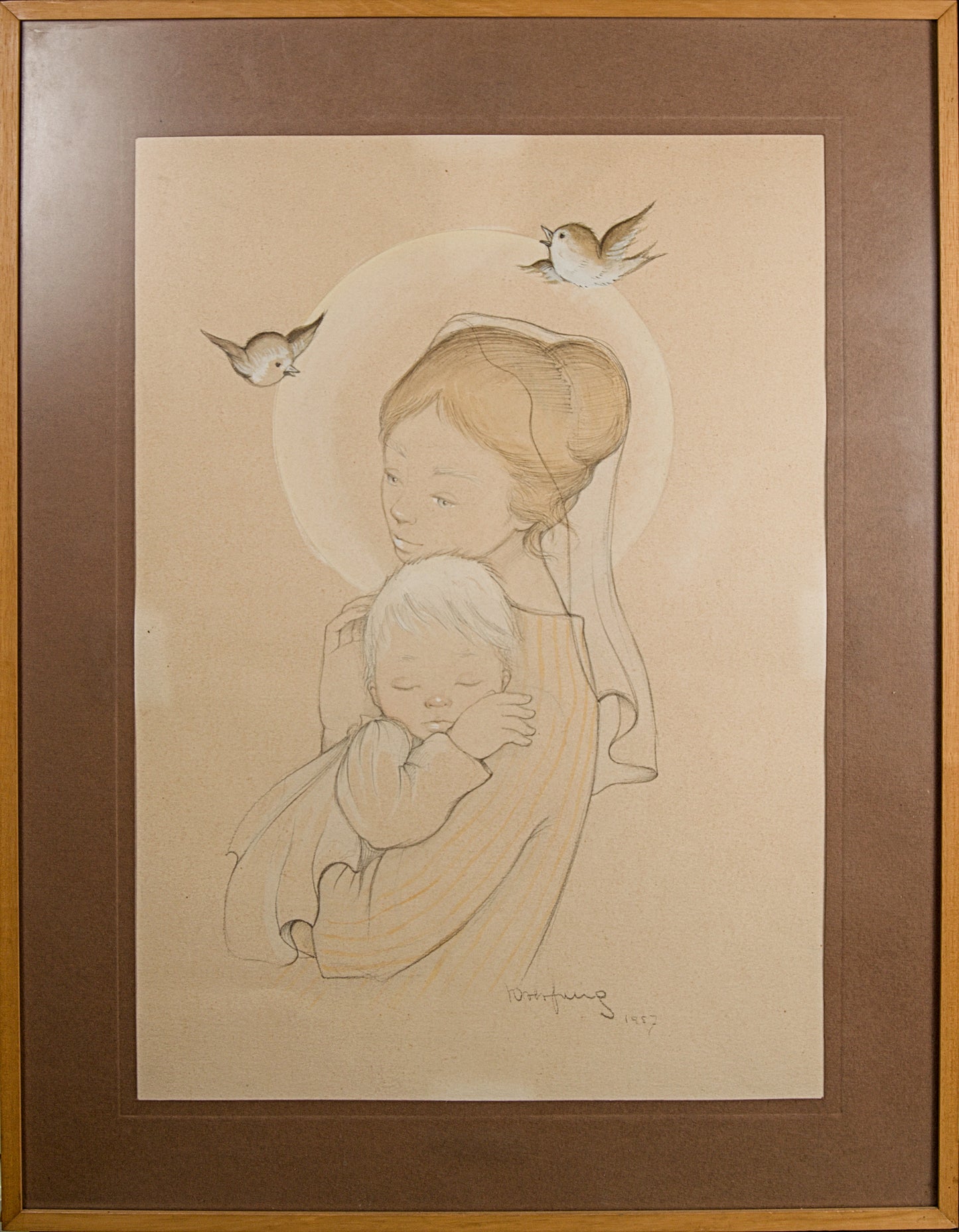 Roser Puig | Maternidad (Virgen con el Niño) (1957) | Técnica Mixta sobre Papel | Dibujo Académico Catalán