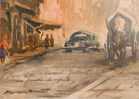 Mariano Brunet | Escena Urbana con Dedicatoria (1960) | Acuarela Original