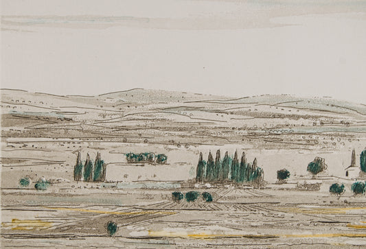 JORDI PAGANS MONTSALVATGE | PAISAJE DE CAMPOS | MAESTRO DEL PAISAJE LÍRICO CATALÁN | AGUAFUERTE ILUMINADO A MANO