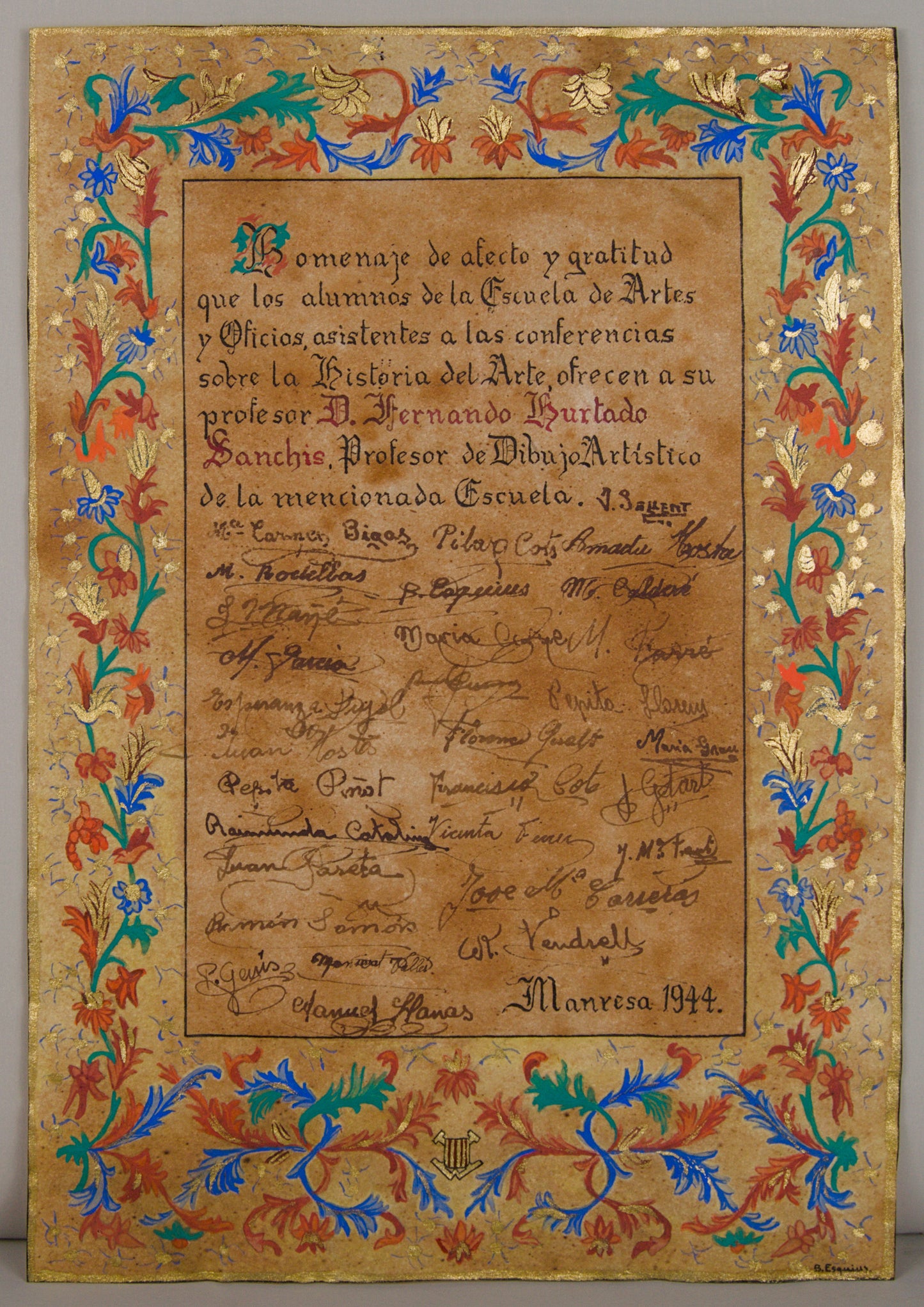 B. ESQUIUS | HOMENAJE A D. FERNANDO HURTADO SANCHIS (MANRESA, 1944) | MANUSCRITO ILUMINADO