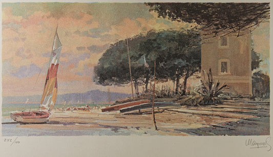 MANUEL MAYORAL GARCÍA | MARINA CON VELERO AL ATARDECER | LITOGRAFÍA ORIGINAL EDICIÓN LIMITADA