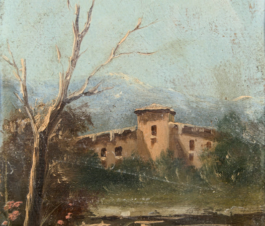 Firma Ilegible | Paisaje Fluvial con Arquitectura | Óleo sobre Papel S. XIX.