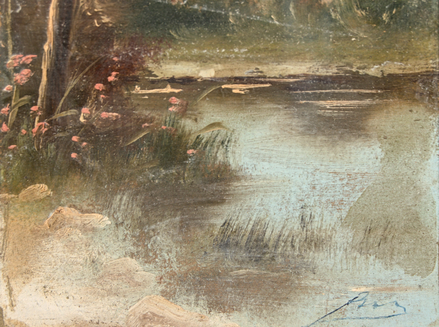 Firma Ilegible | Paisaje Fluvial con Arquitectura | Óleo sobre Papel S. XIX.