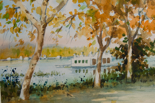 FELIP BRUGUERAS | LAGO DE BANYOLES CON PESQUERA | PAISAJISMO CATALÁN | ACUARELA SOBRE CARTULINA