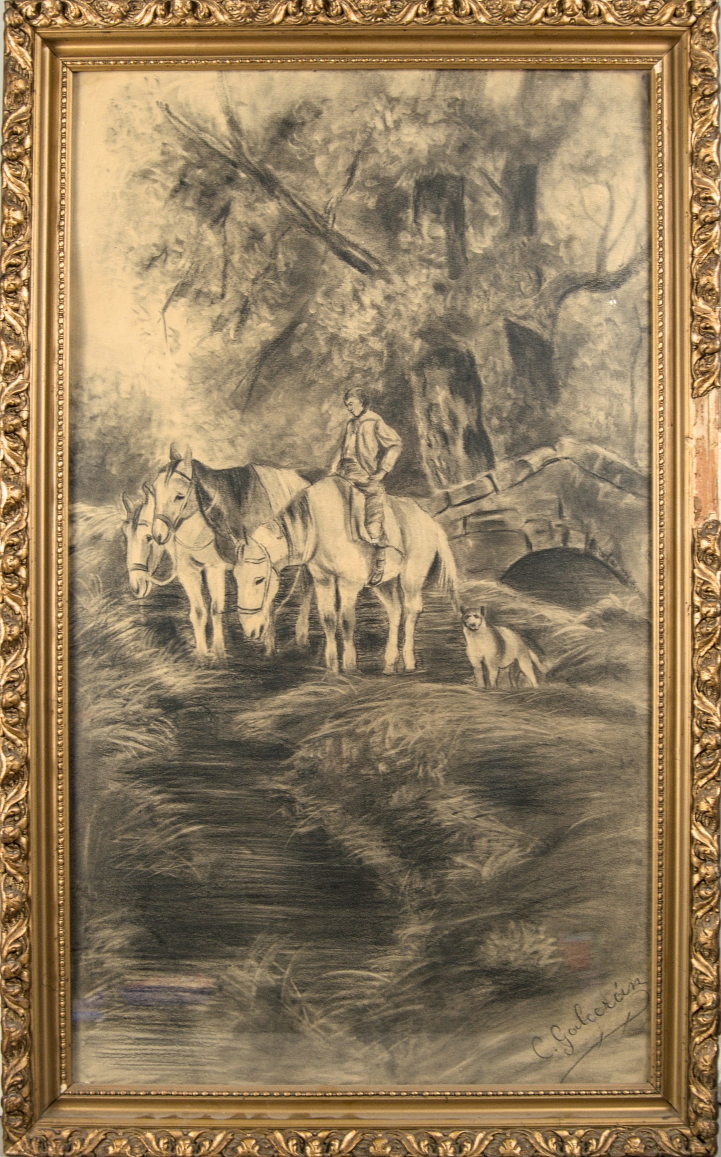 Atribuido a Celestí Galcerán i Carrer | Paisaje Pastoral de Gran Formato | Dibujo Museístico a Carboncillo