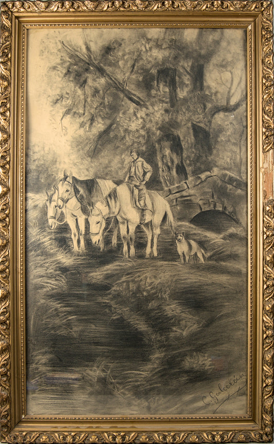 Atribuido a Celestí Galcerán i Carrer | Paisaje Pastoral de Gran Formato | Dibujo Museístico a Carboncillo