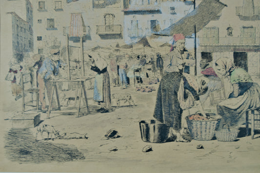 Joan Llimona | Plaça d'Olot | Estampa Original Pintada a Mano