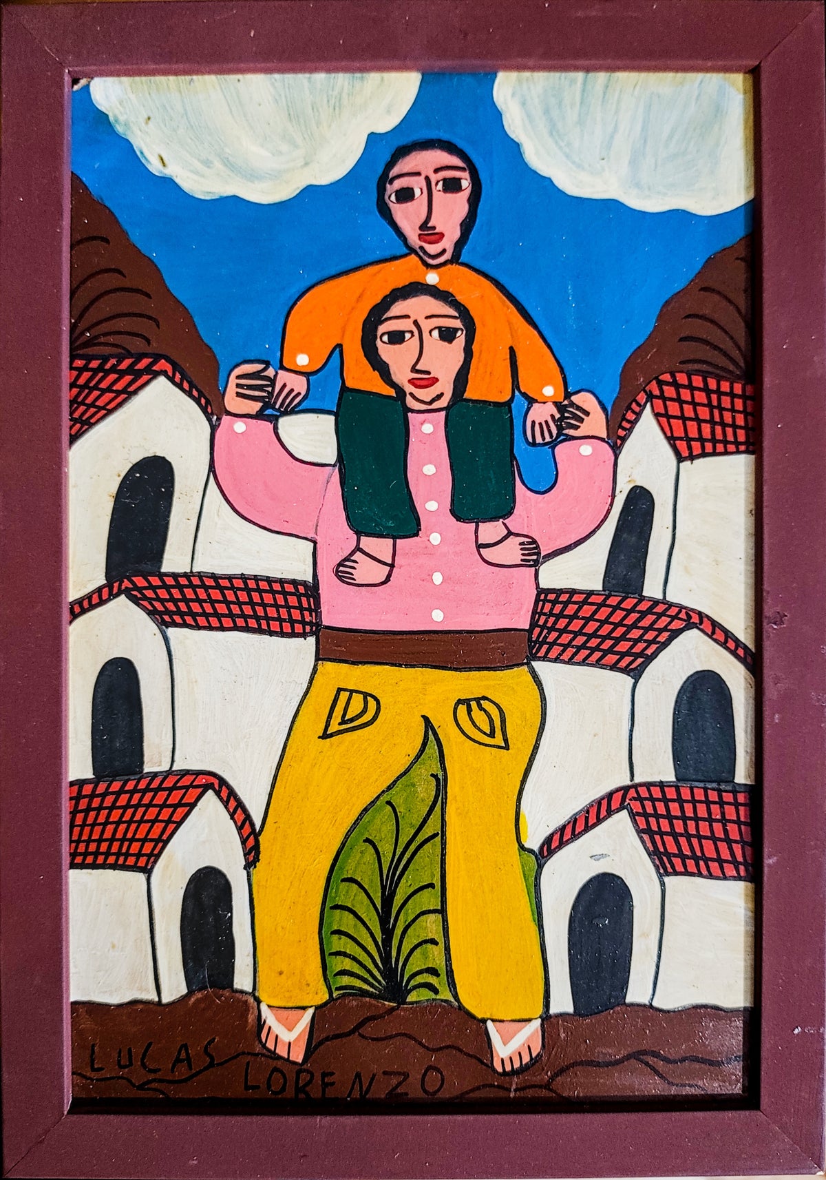 Lucas Lorenzo (1941–2020) | Hombre con niño a hombros | Acrílico sobre masonite | Arte popular mexicano