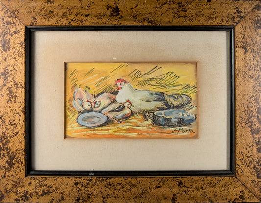 Enric Porta Mestre | "Gallinas" Costumbrista | Gouache Original sobre Papel