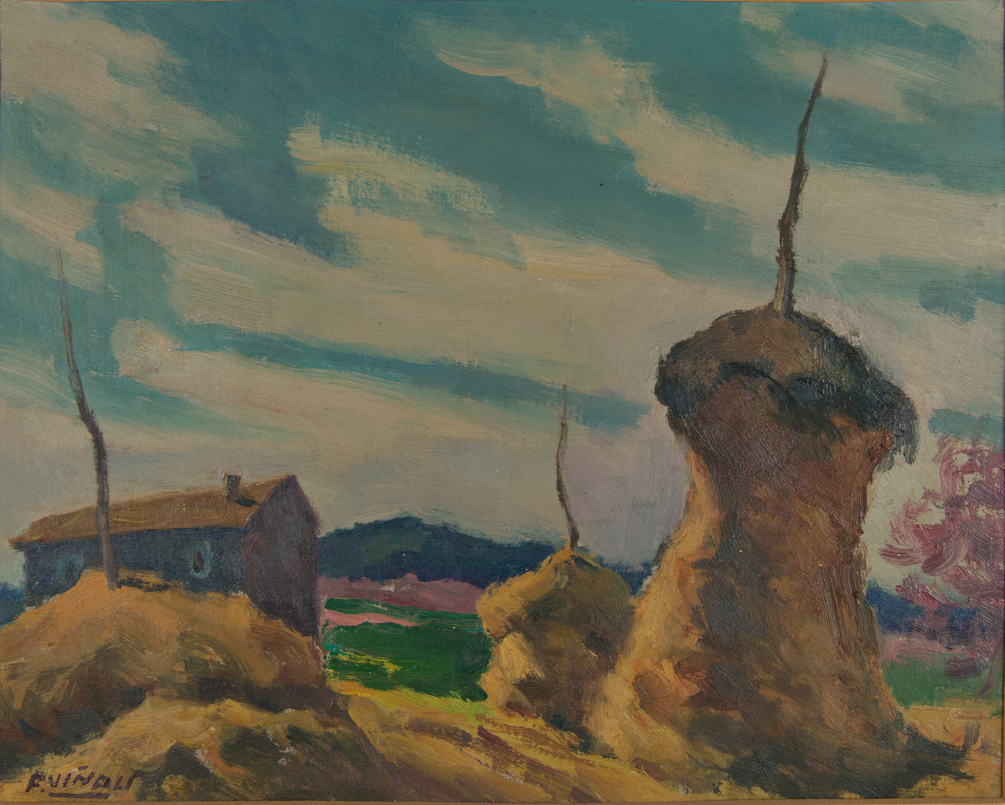 Frederic Viñals | Paisaje Rural con Pallers | Óleo Original sobre Lienzo