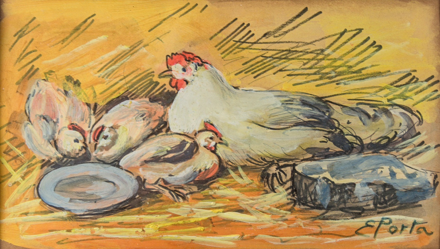 Enric Porta Mestre | "Gallinas" Costumbrista | Gouache Original sobre Papel