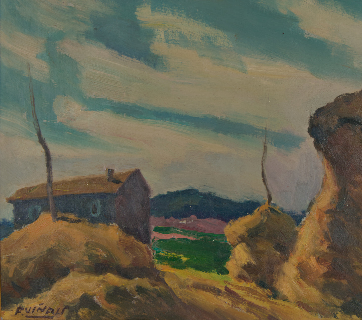 Frederic Viñals | Paisaje Rural con Pallers | Óleo Original sobre Lienzo