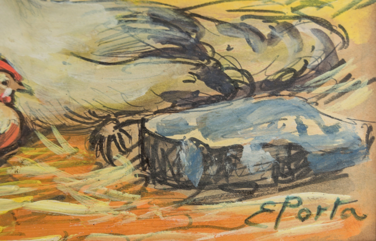 Enric Porta Mestre | "Gallinas" Costumbrista | Gouache Original sobre Papel