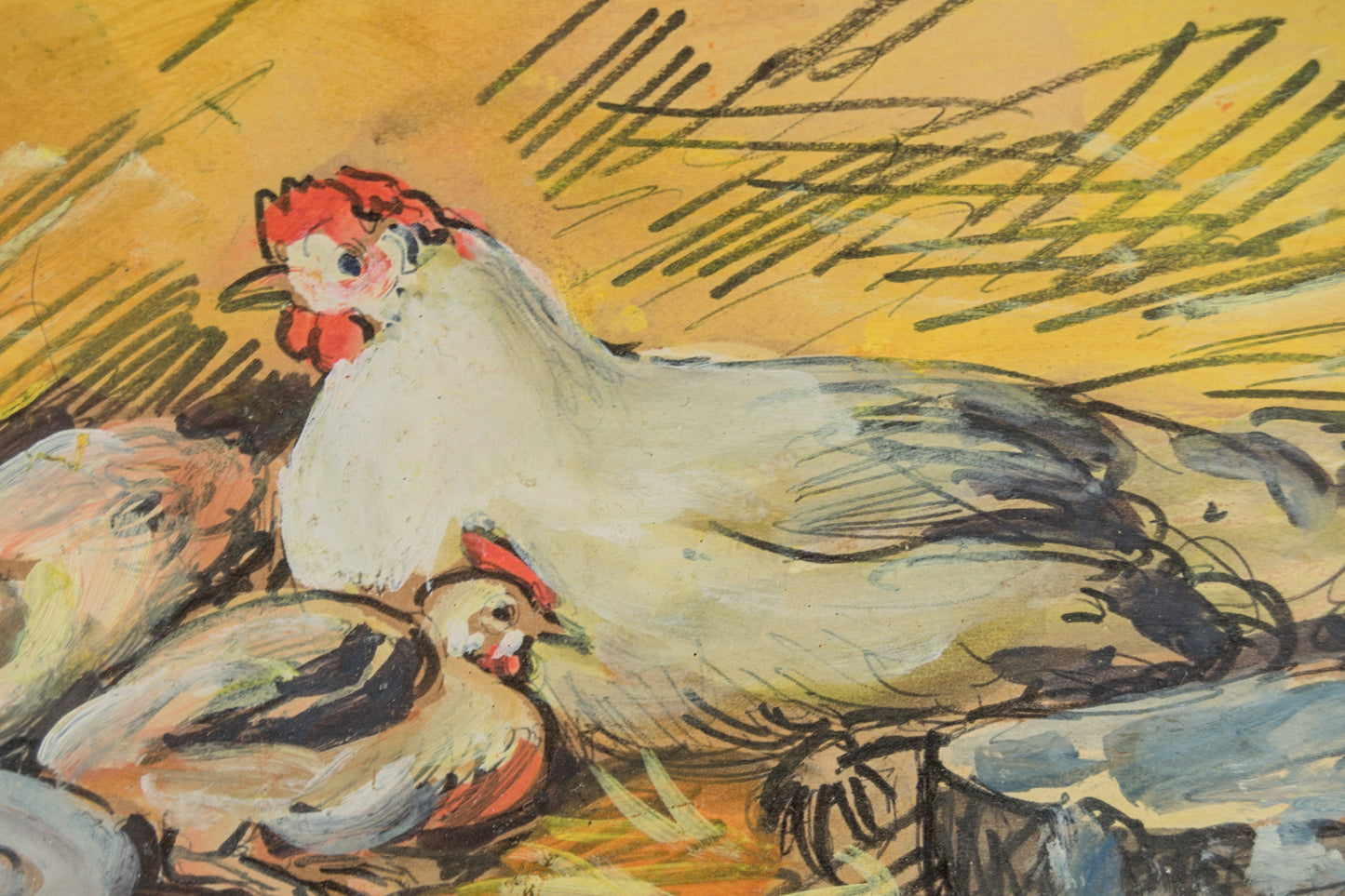 Enric Porta Mestre | "Gallinas" Costumbrista | Gouache Original sobre Papel
