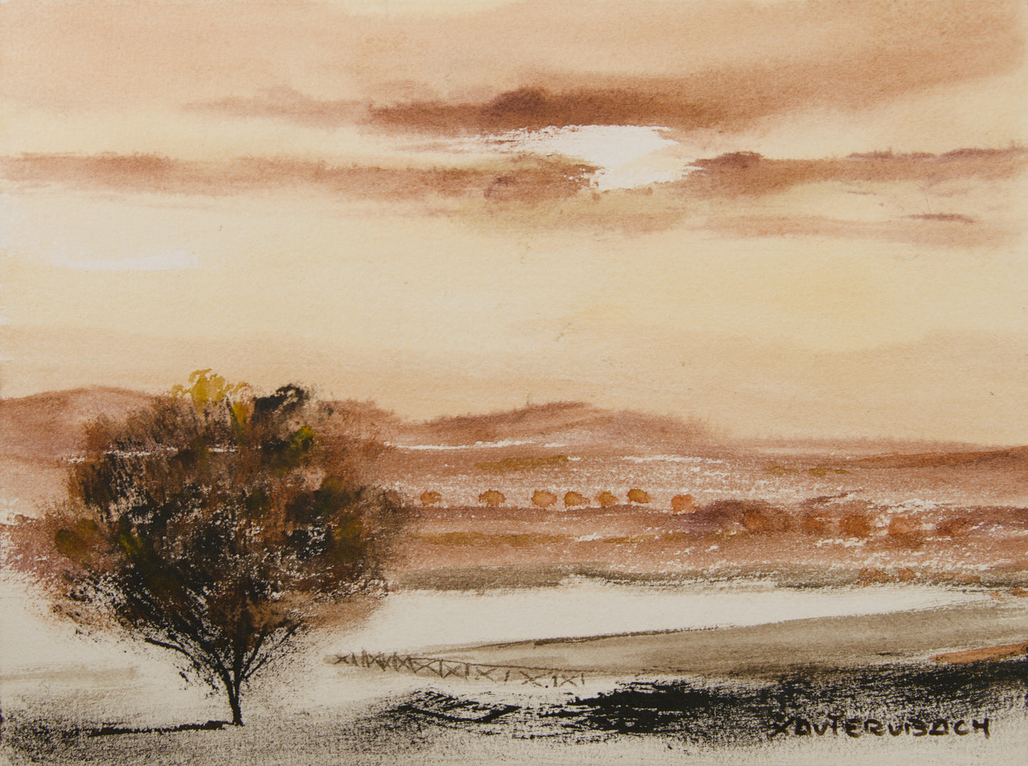 XAVIER UBACH | PAISAJE ATMOSFÉRICO CON ÁRBOL | SÍNTESIS TONAL | ACUARELA ORIGINAL SOBRE PAPEL