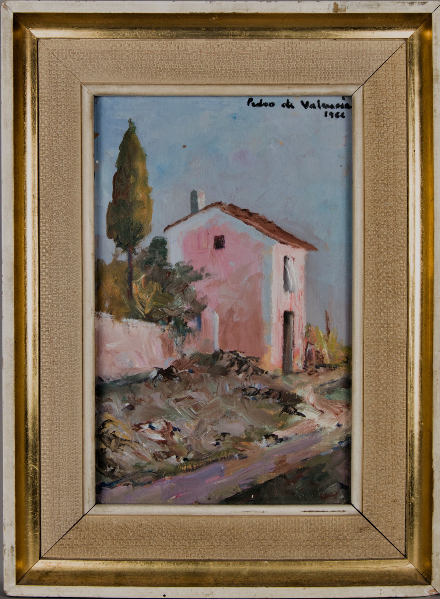 Pedro de Valencia | Paisaje Rural con Masía Rosa (1966) | Óleo Original sobre Lienzo