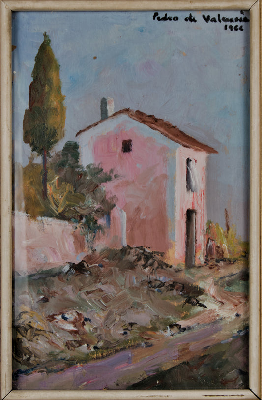 PEDRO DE VALENCIA | LÄNDLICHE LANDSCHAFT MIT ROSA BAUERNHAUS | VALENCIA SCHOOL | ÖL AUF LEINWAND (1966)