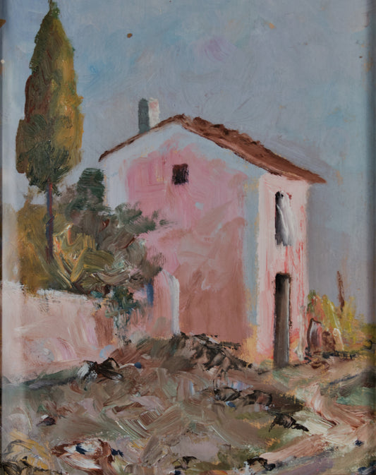 PEDRO DE VALENCIA | LÄNDLICHE LANDSCHAFT MIT ROSA BAUERNHAUS | VALENCIA SCHOOL | ÖL AUF LEINWAND (1966)