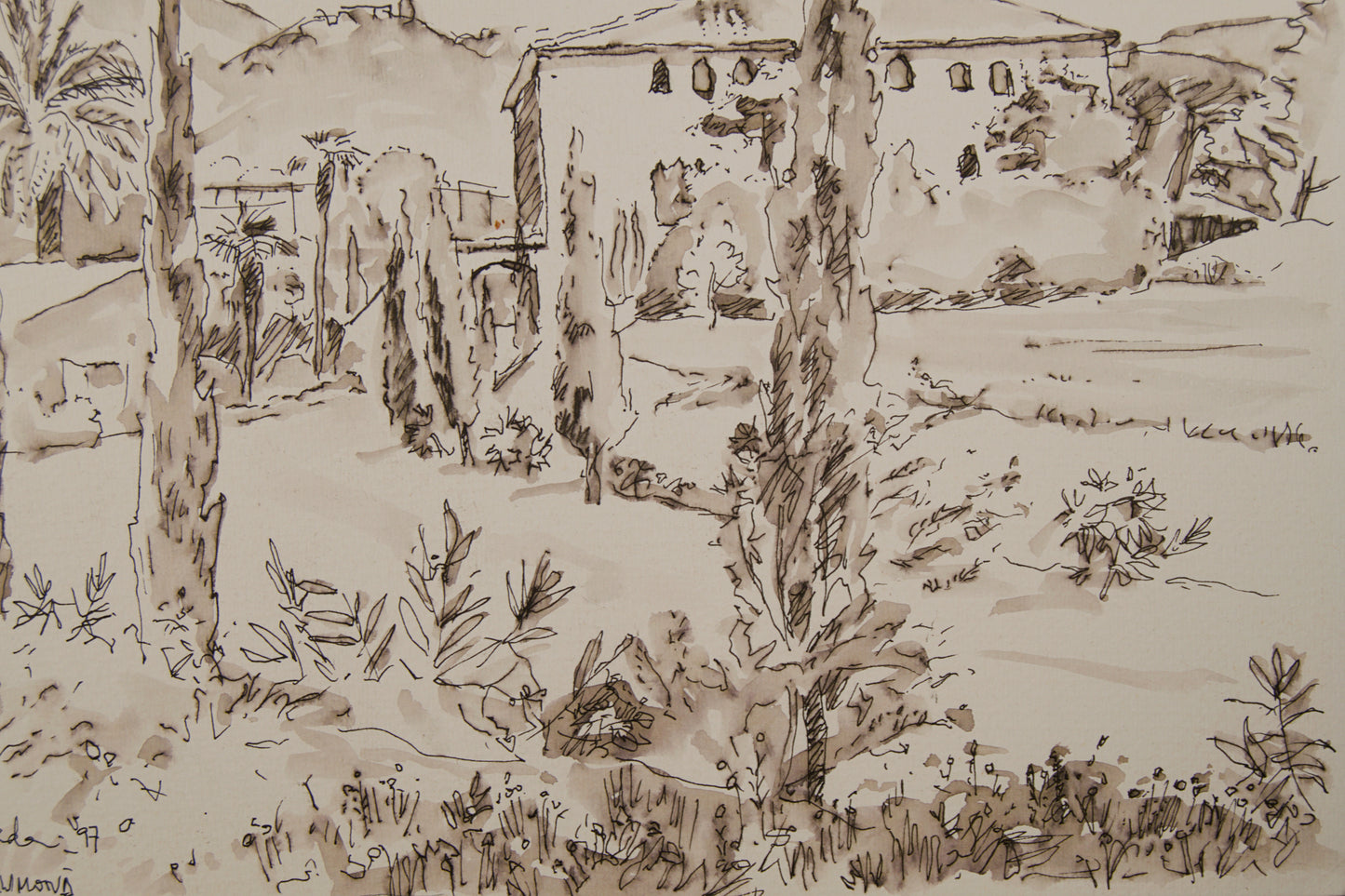 JOSEP SERRA LLIMONA | MASÍA CAN CORTADA (BARCELONA) | ESCUELA CATALANA | TINTA Y AGUADA SOBRE PAPEL