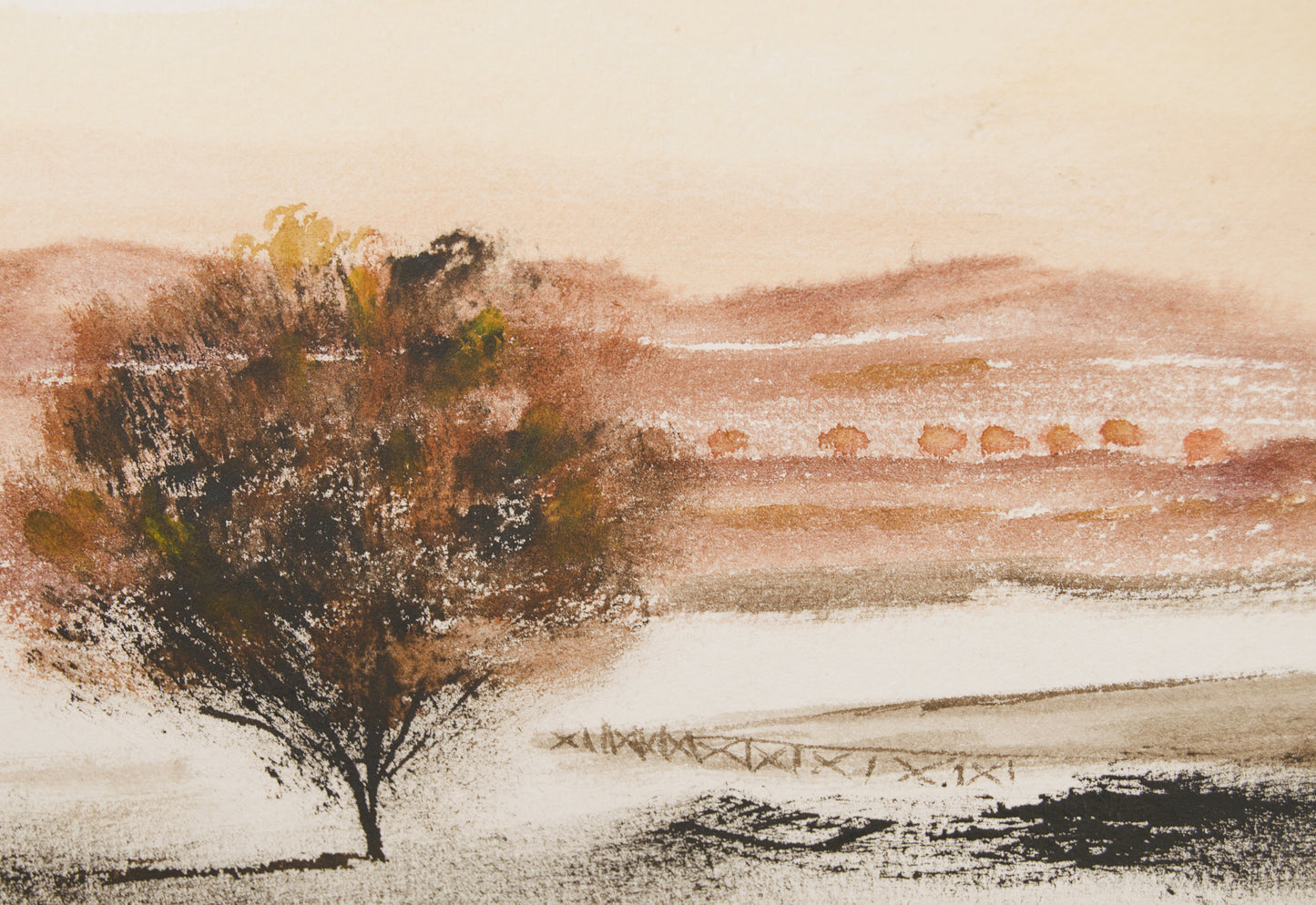XAVIER UBACH | PAISAJE ATMOSFÉRICO CON ÁRBOL | SÍNTESIS TONAL | ACUARELA ORIGINAL SOBRE PAPEL