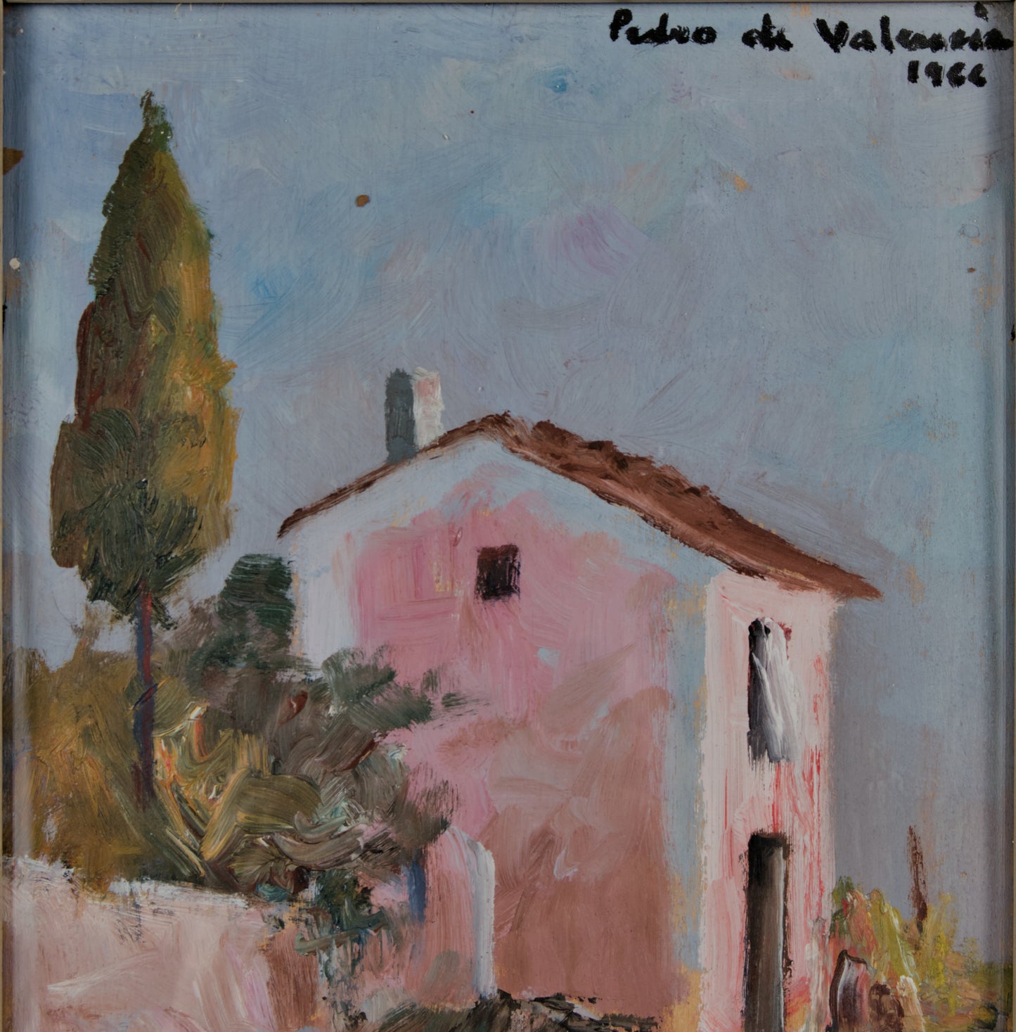 Pedro de Valencia | Paisaje Rural con Masía Rosa (1966) | Óleo Original sobre Lienzo