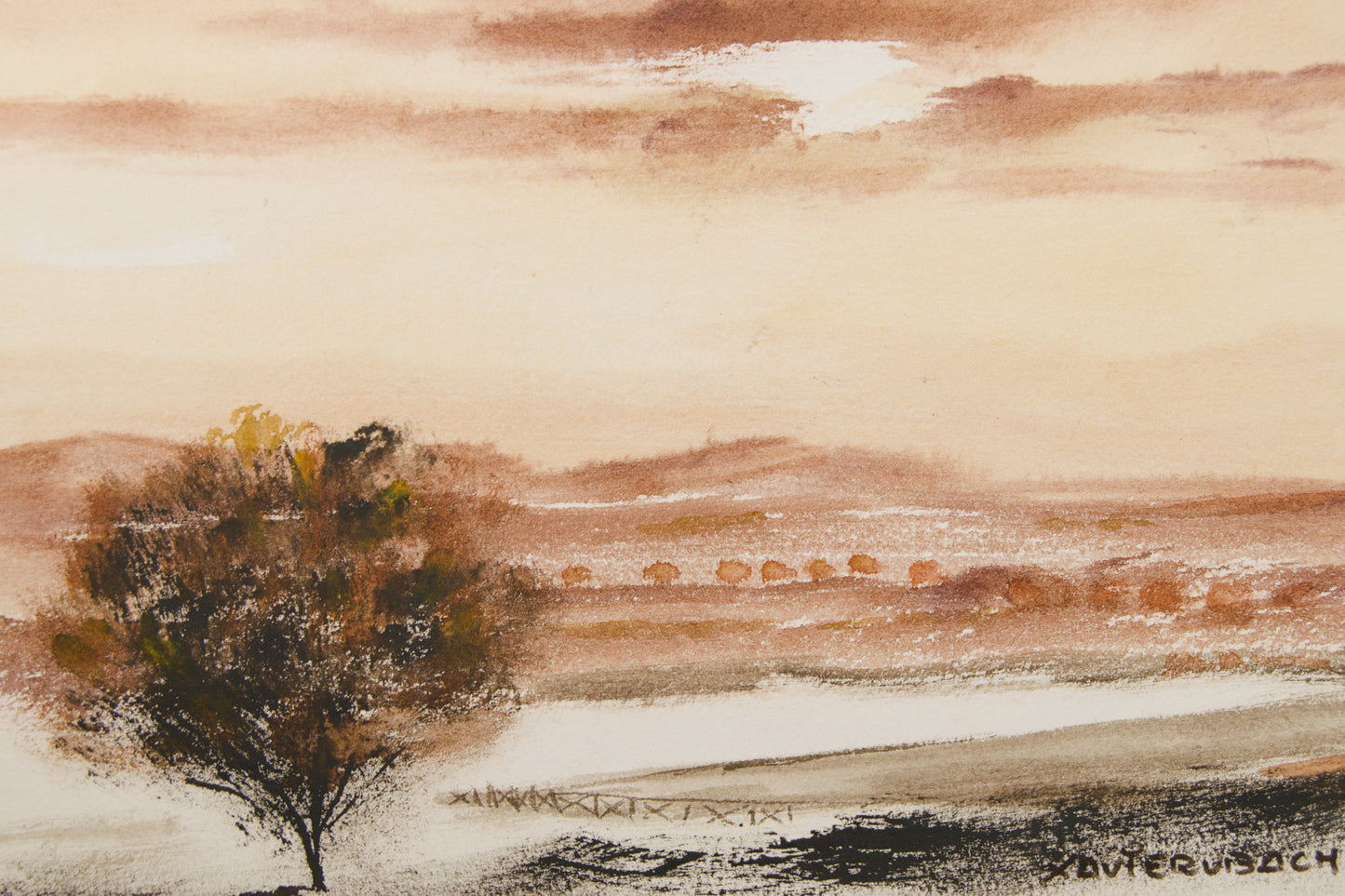XAVIER UBACH | PAISAJE ATMOSFÉRICO CON ÁRBOL | SÍNTESIS TONAL | ACUARELA ORIGINAL SOBRE PAPEL