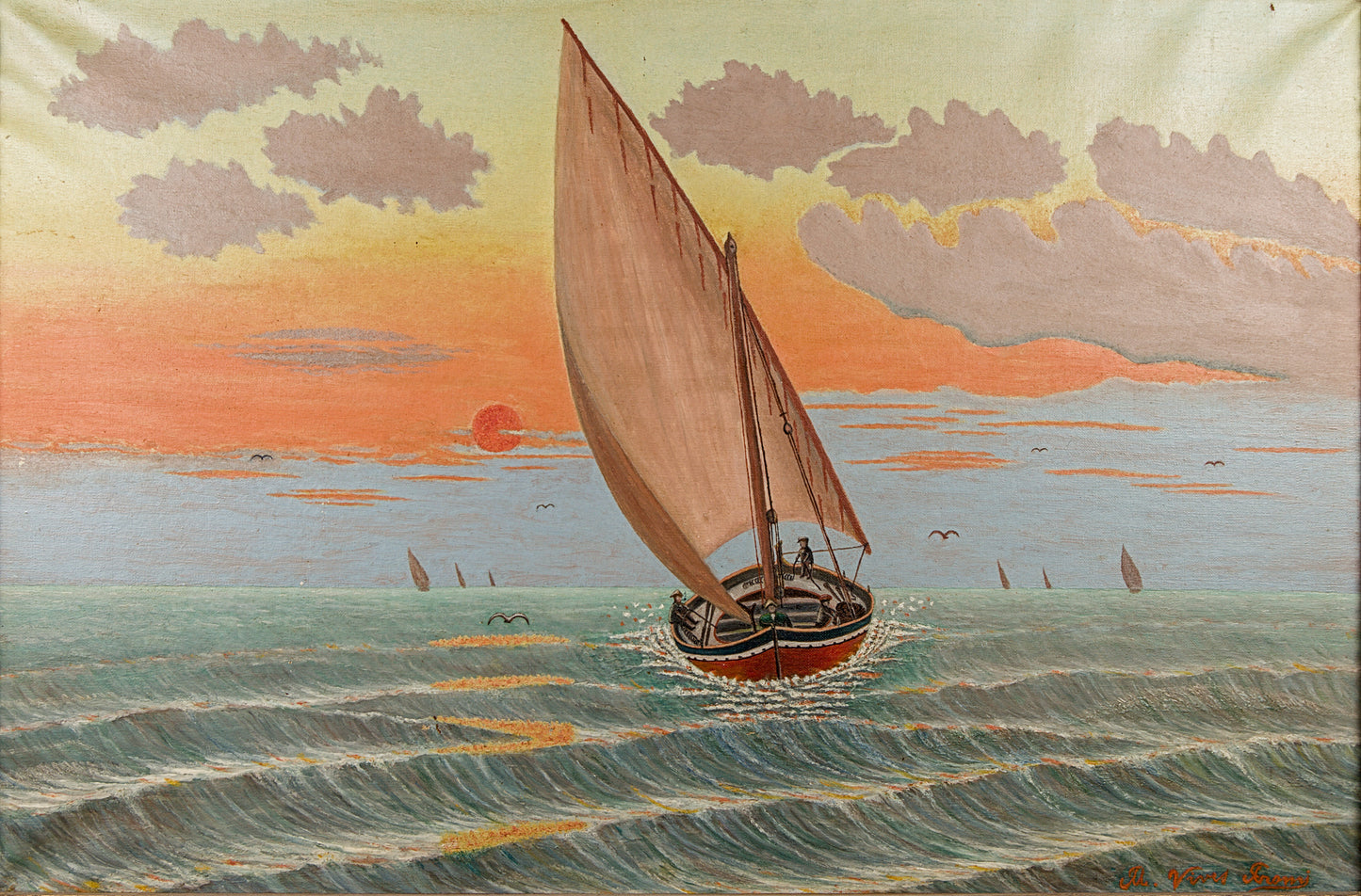 M. Vives Aromí | Marina con Vela Latina al Atardecer | Óleo sobre lienzo | Escuela Mediterránea