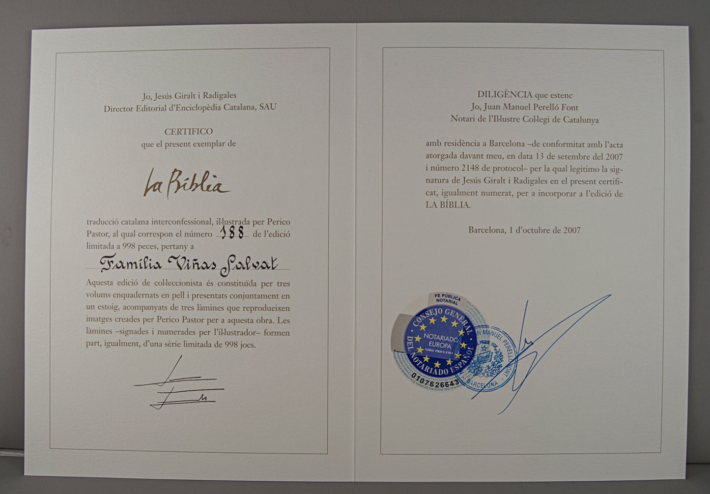 PERICO PASTOR | TRÍPTICO "LA BÍBLIA" (2007) | OBRA GRÁFICA FIRMADA Y CERTIFICADA | EDICIÓN NOTARIAL