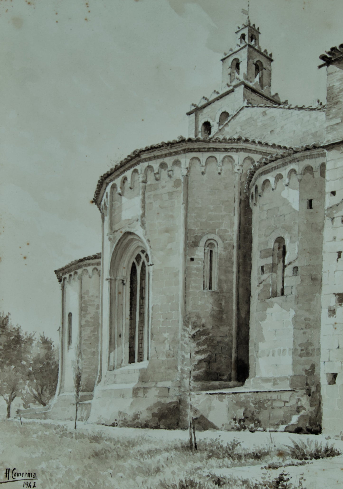Antonio Comerma | Monumentalidad Románica (1942) | Dibujo Original a la Aguada Sepia