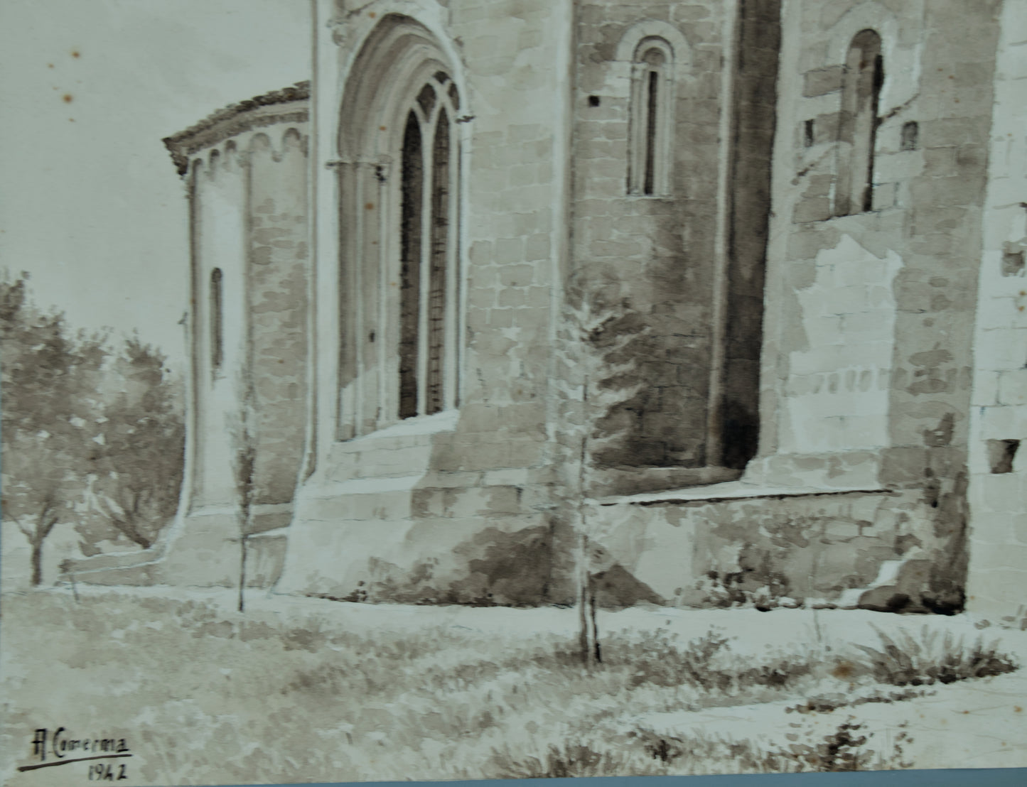 Antonio Comerma | Monumentalidad Románica (1942) | Dibujo Original a la Aguada Sepia