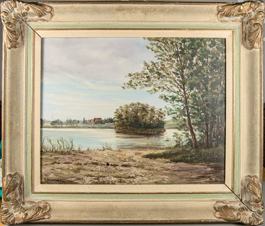 R. Baumer | Paisaje Lacustre con Casa Rural | Óleo sobre Lienzo